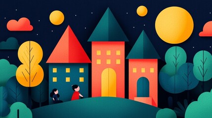 Colorful Abstract Illustration of Houses and Trees Under a Night Sky with Moon and Stars