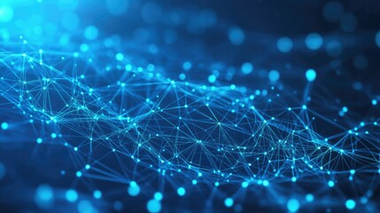 Abstract technology background with blue wireframe squares and lines connected in a plexus network.