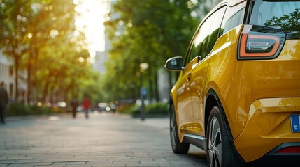 Naklejka premium Sustainable Urban Transportation: Electric Car in a Green Cityscape Promoting Environment Social Governance (ESG) Initiatives