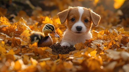 Cute Puppy and Duckling in Autumn Leaves