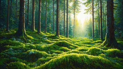 Obraz premium Sunbeams Through Green Forest Woodland Path Nature Trail Mossy Forest Floor