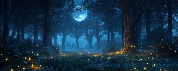 Miniature fireflies illuminate a haunting forest under a blue moon.