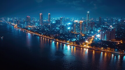 Obraz premium Night Cityscape with River Reflections and Skyscrapers