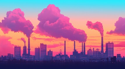 Fototapeta premium Industrial Cityscape at Sunset Highlighting Environmental Impact and the Need for Sustainable Governance