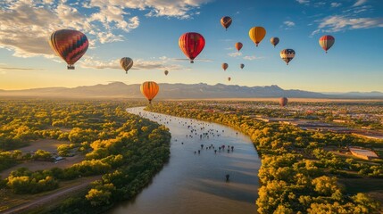 Naklejka premium Aerial view of hundreds of hot air balloons flying over Albuquerque, set against the Rio Grande River.