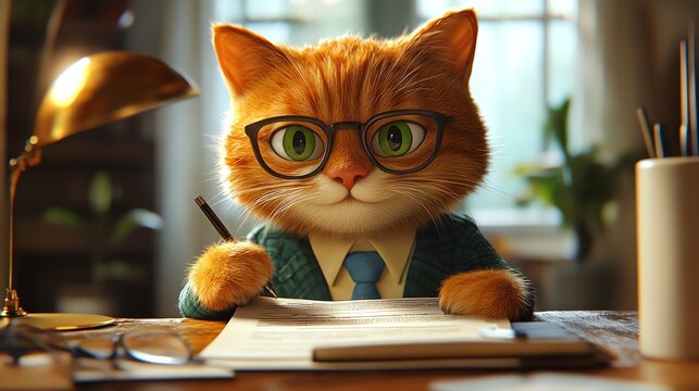 Cartoon cat closing a business deal, signing papers at a desk, professional and energetic, vibrant colors