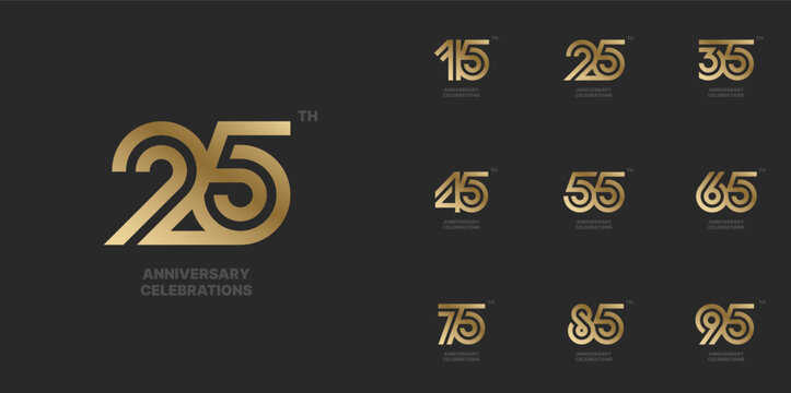 Set of anniversary logo design. Symbols of celebration 15, 25, 35, 45, 55, 65, 75, 85, 95 years.
