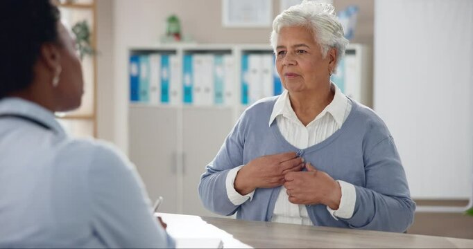 Throat, doctor and senior woman with disease, sick or cold with virus, illness or inflammation. Pensioner, old person or mature lady with caregiver, specialist and diagnosis for medicare or thyroid