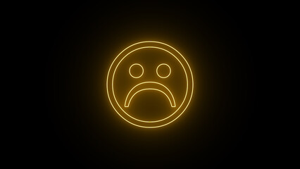 Glowing yellow neon sad smile symbol. Sad emoji facial expression icon loop motion graphics transparent background with alpha channel. Abstract unhappy sign