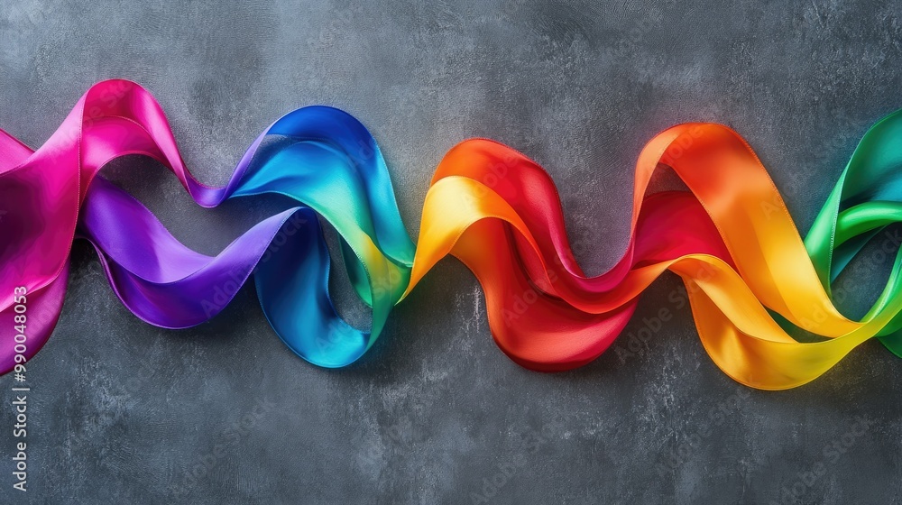 Poster an array of colorful rainbow ribbons flowing into the shape of a flag, symbolizing lgbtq pride and c