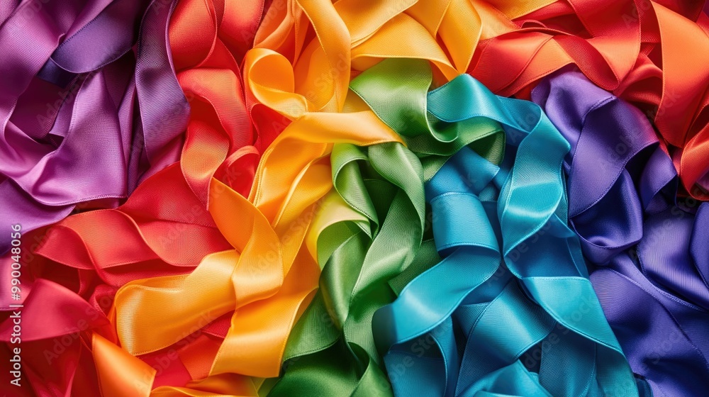 Poster an array of colorful rainbow ribbons flowing into the shape of a flag, symbolizing lgbtq pride and c