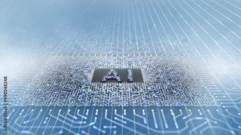 Poster seamless looping ai motherboard chip with data lines background. concept future technology animation