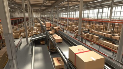 Fototapeta premium An efficient, automated warehouse system with packages flowing smoothly along conveyor belts.