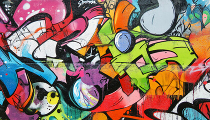 Fototapeta premium A graffiti-covered urban wall, showcasing vibrant colors, bold lines, and an edgy, artistic vibe