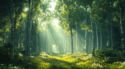 Fototapeta premium Lush forest with sunlight filtering through trees and flowers.