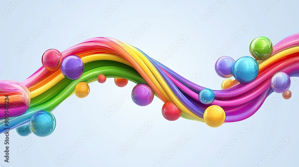 Poster artistic composition of a curved rainbow ribbon intertwined with colorful spheres, symbolizing unity