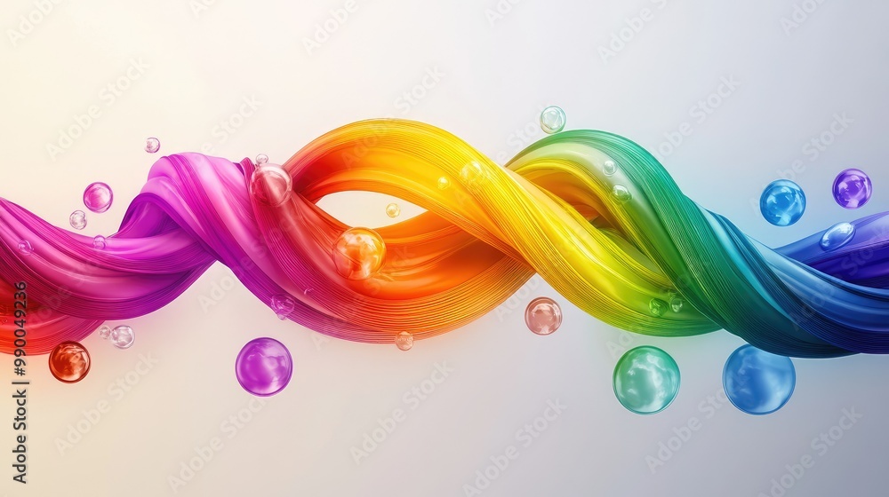 Poster artistic composition of a curved rainbow ribbon intertwined with colorful spheres, symbolizing unity