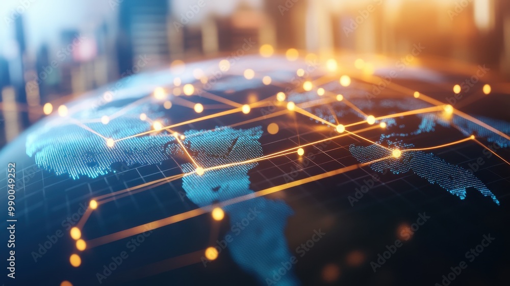 Poster animated world map with glowing lines representation