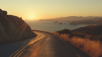 Driving on a Winding Road with Ocean Views at Sunset
