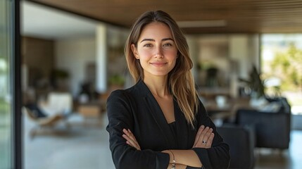 confident european woman real estate agent in a modern home, professional realtor with expertise in property sales, ready to assist home buyers with approachable and successful service