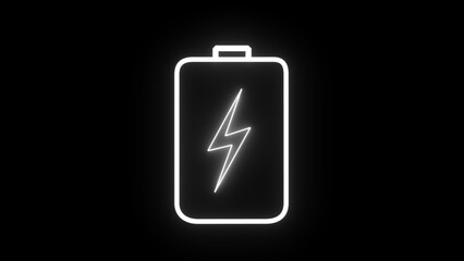 Battery charging with a power bolt icon. White color neon lightning bolt, glowing sign. Abstract neon bolt icon with circle on black background