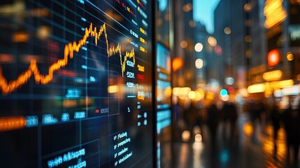 Close-up of digital screen showing financial news ticker with stock market charts. Federal Reserve, interest rate,up, down, interest rate hike,trade war, Market volatility, AI-generated