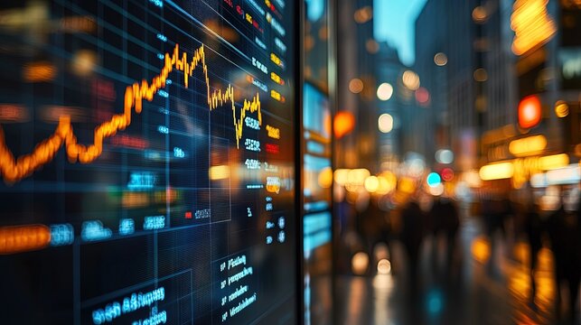Close-up of digital screen showing financial news ticker with stock market charts. Federal Reserve, interest rate,up, down, interest rate hike,trade war, Market volatility, AI-generated