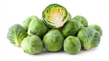 Fototapeta premium Fresh Brussels sprouts, halved to display the inner layers, isolated on a white background.