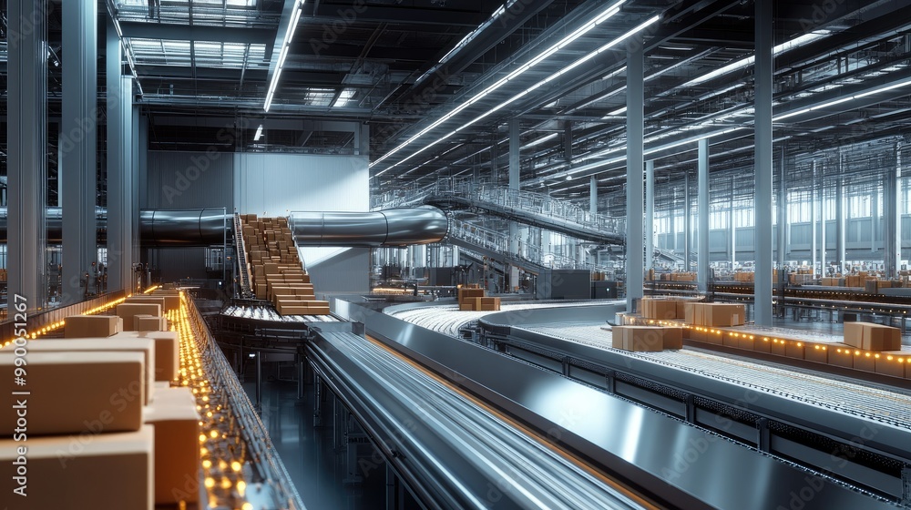Poster automated conveyor belts carrying packages through different sorting stations in a high-tech warehou