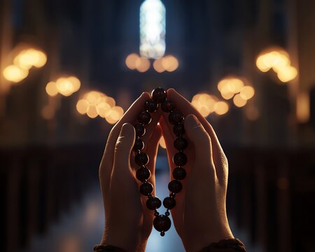 Close-up render of hands holding a string of prayer beads, soft focus background of church interior, warm candlelight atmosphere for All Saints' Day - Powered by Adobe