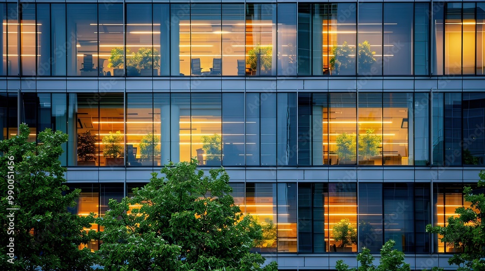 Poster an evening shot of an office building illuminated at dusk, with fresh green trees creating a soft co