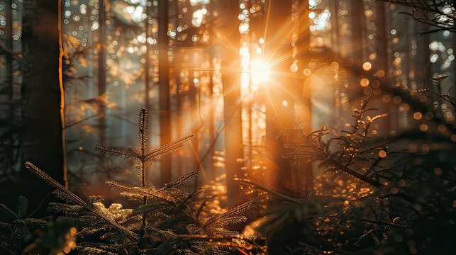 Close-up of sunbeams shining through the branches of a dense spruce tree forest. 