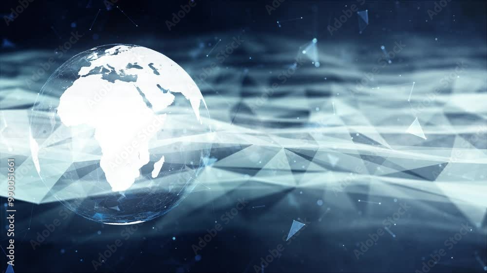 Poster seamless looping digital wavy network with 3d earth sphere animation.