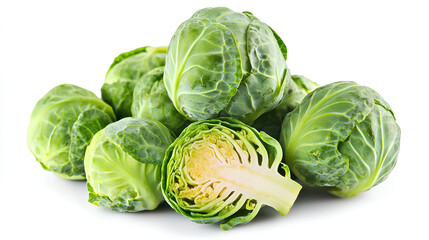 Fresh Brussels sprouts, halved to display the inner layers, isolated on a white background.
