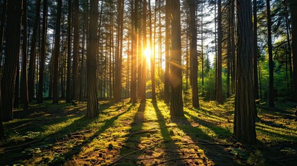 Golden sunlight filtering through tall spruce trees, casting soft shadows on the forest floor. 