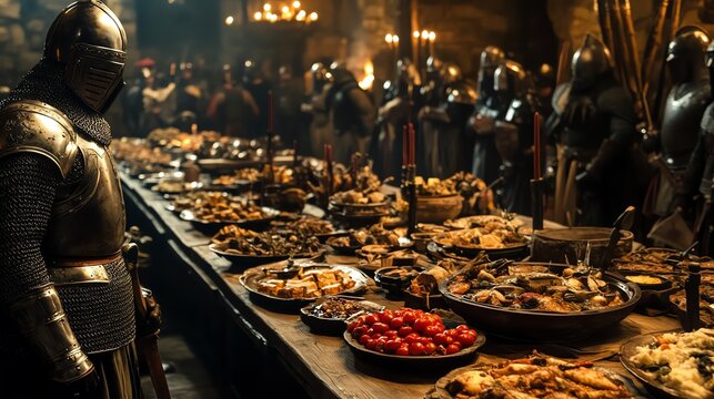 A grand medieval feast featuring an array of delicious dishes, surrounded by armored knights in a candle-lit banquet hall.