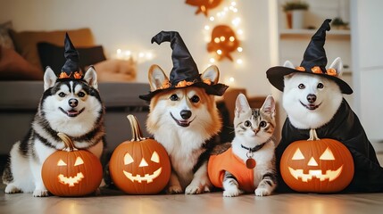 Pet-friendly Halloween costumes feature adorable dogs dressed as pumpkins and charming cats dressed as witches, creating a cute and family-friendly atmosphere that embraces trendy celebrations