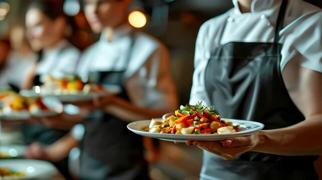 Professional chefs serving beautifully plated dishes in a bustling restaurant during dinner service