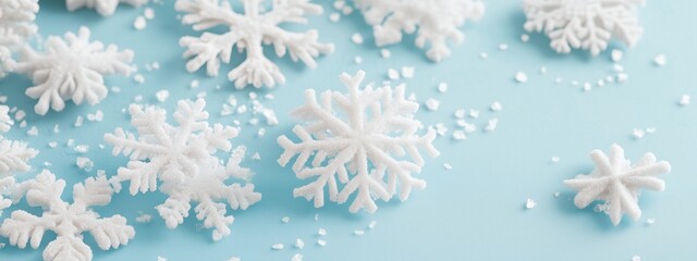 Macro view of snoflakes on blue lurred background. Copy space for text. horizontal image, pattern. For wallpaper, banner, design, business, blog, youtube, card, poster, new year, valentine's day