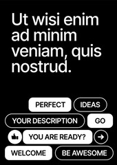 Layout template with geometric shapes and y2k patches, labels, tags, stickers for flyer, poster, cover, brochure or banner. Font and paper product used for message.