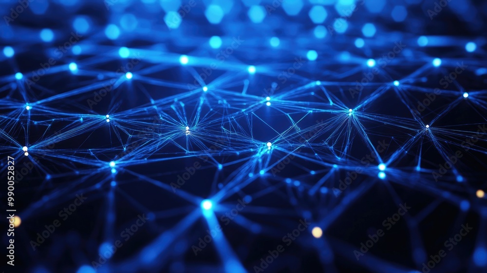 Poster blue square wireframe with plexus network lines, symbolizing advanced digital technology and connect