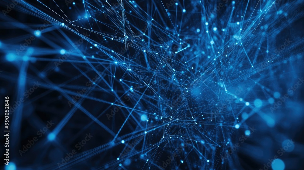 Poster blue square wireframe with plexus network lines, symbolizing advanced digital technology and connect