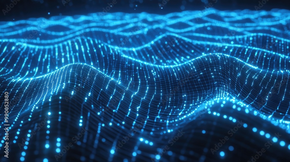 Poster blue square wireframe with plexus network lines, symbolizing advanced digital technology and connect