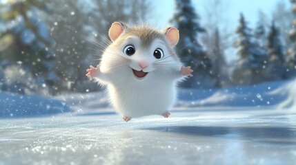 Hamster figure skater performing a graceful spin on ice, elegant and whimsical, cartoon style