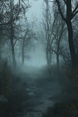 Halloween exploration scene in a fog-filled haunted forest, perfect for merchandise display, full ultra HD.