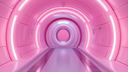 Obraz premium Futuristic Pink Sci-Fi Corridor with Neon Lights and Curved Walls in a Modern Space Station