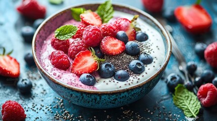 Yogurt bowl with vibrant berries and chia seeds, offering a colorful and healthful option.