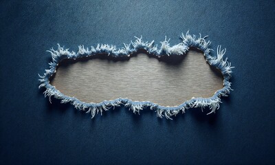 Torn textured blue fabric with frayed edges revealing light background, with copy space for design,  ripped fabric texture, denim jeans texture