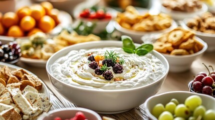 Yogurt dip in a party setting, surrounded by an assortment of dippable snacks.