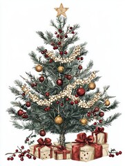 Christmas Tree with Popcorn Garlands: A 2D illustration of a Christmas tree decorated with popcorn garlands, cranberries